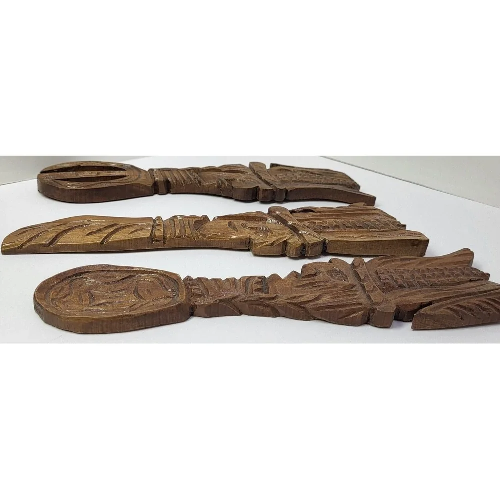 Hand Carved Wooden Tribal Tiki Totem Faces Knife Spoon Fork Wall Hanging Vintage